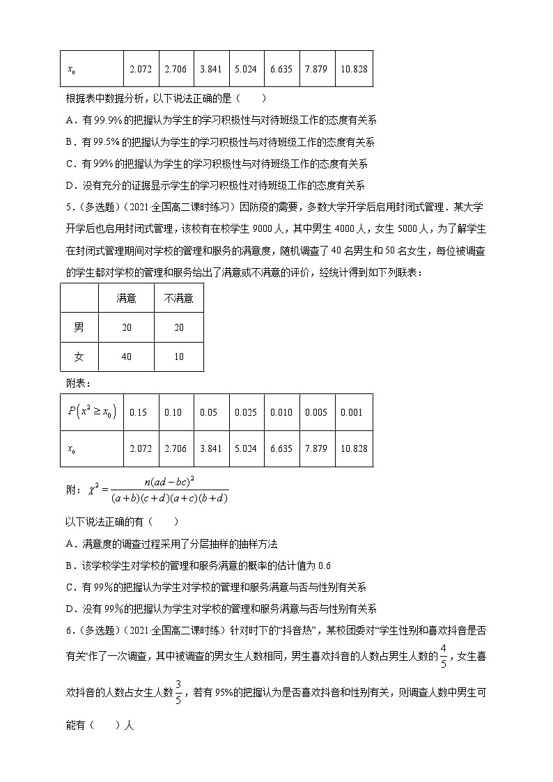 人教版高中数学选择性必修第三册8.3 分类变量与列联表A组基础同步训练（含解析）第2页