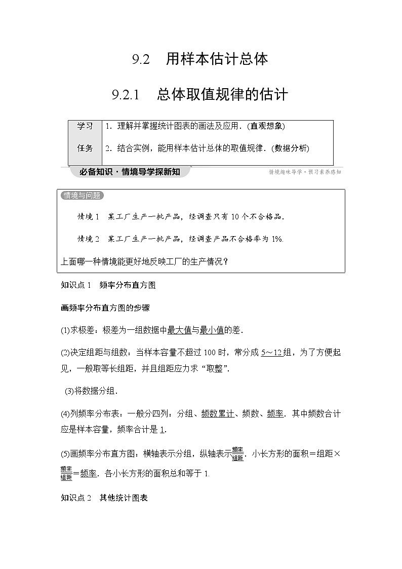 人教A版高中数学必修第二册第9章9-2-1总体取值规律的估计学案第1页