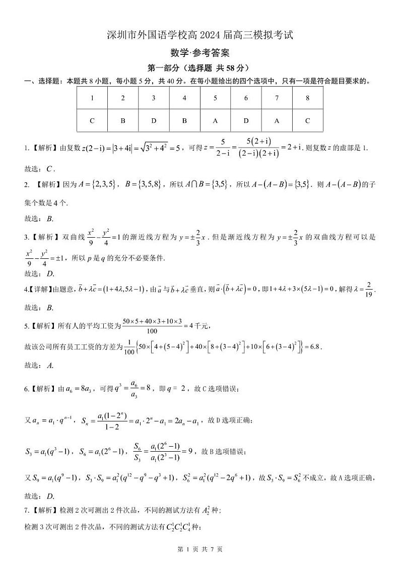 深圳市外国语学校高2024届高三模拟考试数学参考答案第1页