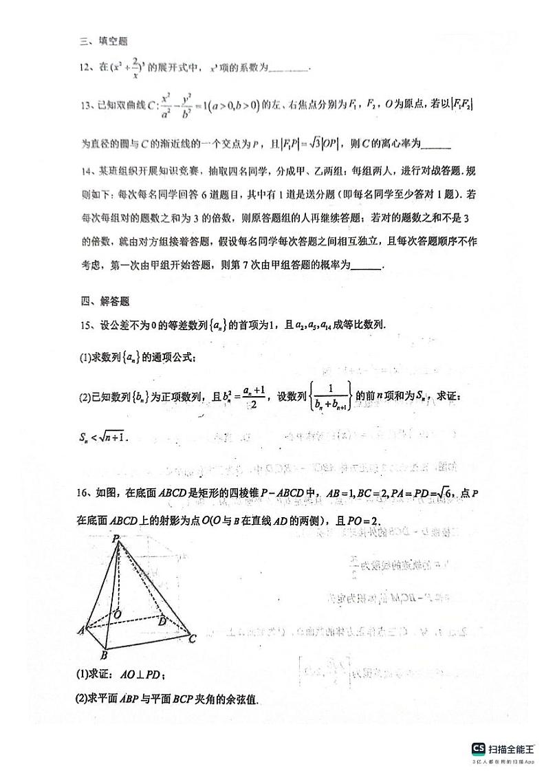 2024年成都树德中学高二数学期末零诊模拟试卷（含答案）03