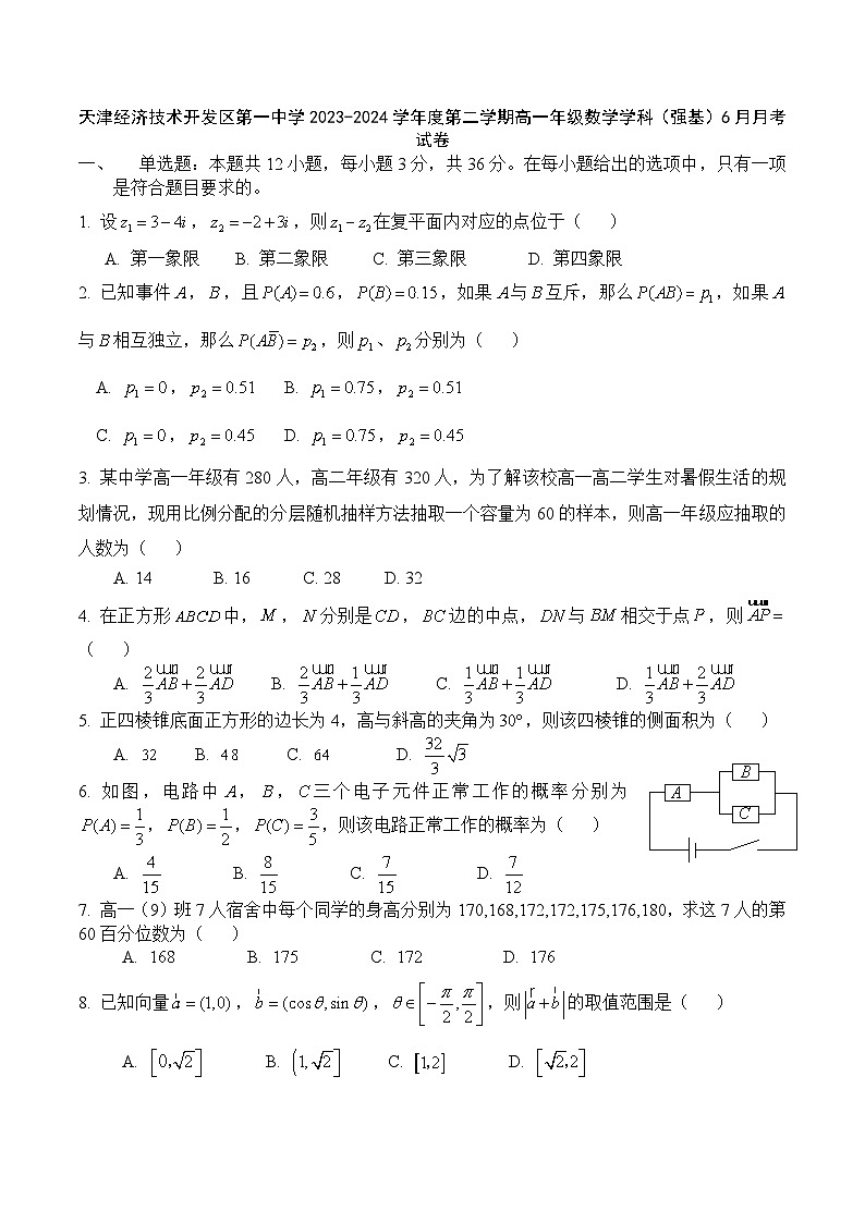 天津经济技术开发区第一中学2023-2024学年高一下学期（强基）6月月考数学试卷第1页