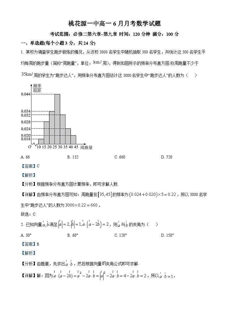 湖南省常德市桃花源一中2023-2024学年高一下学期6月份月考数学试题 Word版含解析第1页