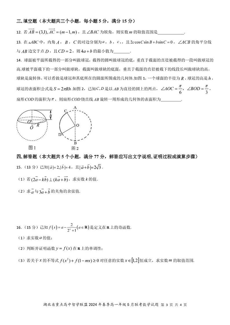 （新构架19题）湖北重点高中联盟2024年高一5月联考数学试卷（含答案）03