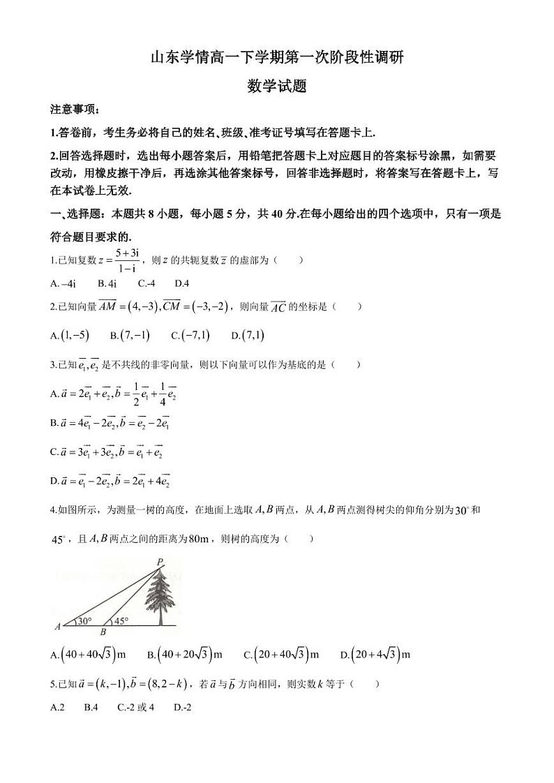 （新构架19题）山东省学情2024年高一3月月考数学（原卷版+含解析）01