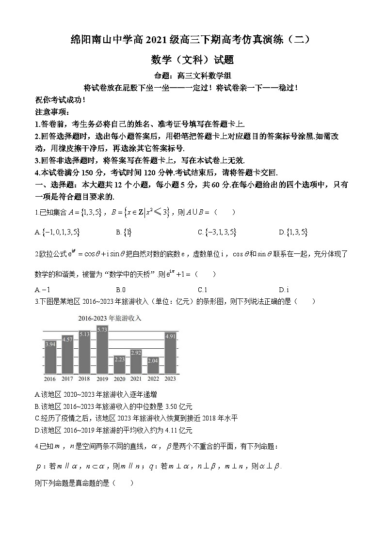 2024绵阳南山中学高三下学期高考仿真演练（二）数学（文）含解析第1页