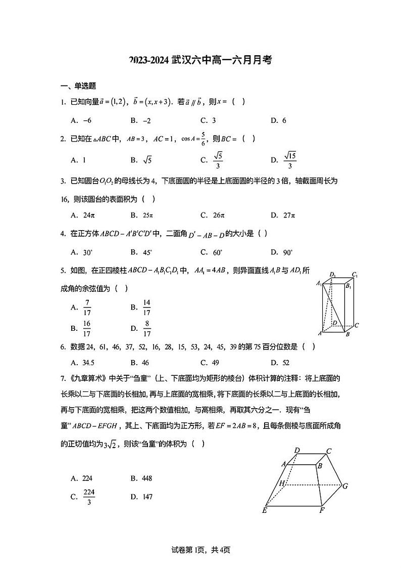 （新构架19题）湖北武汉六中2024年高一下学期6月月考数学试卷（原卷版+含解析）01