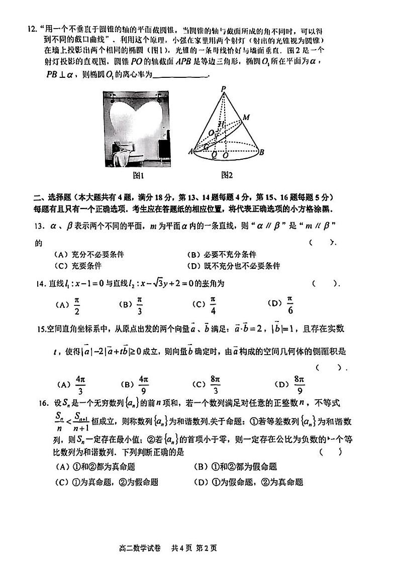 上海市嘉定区2023-2024学年高二下学期期末考试数学试卷02
