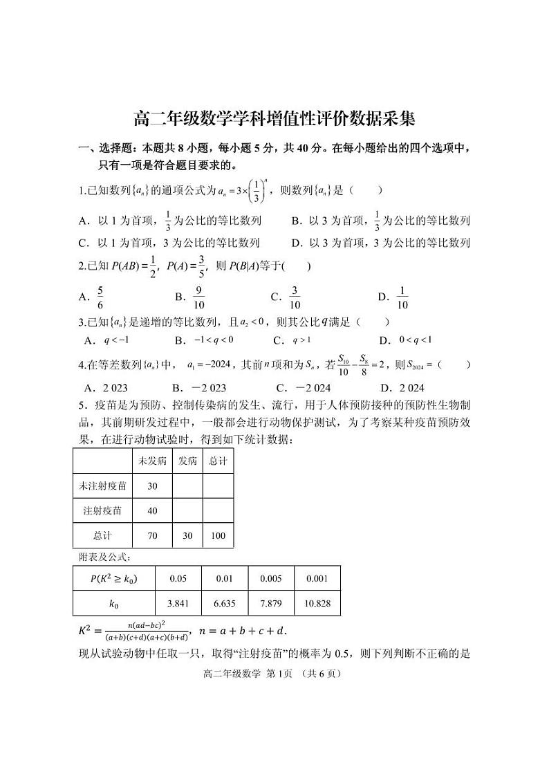 内蒙古呼和浩特市回民区2023-2024学年高二下学期期中考试数学试题01
