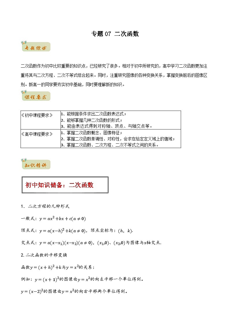 苏教版初升高一初数学预习专题07二次函数-初升高数学无忧衔接(学生版+解析)01