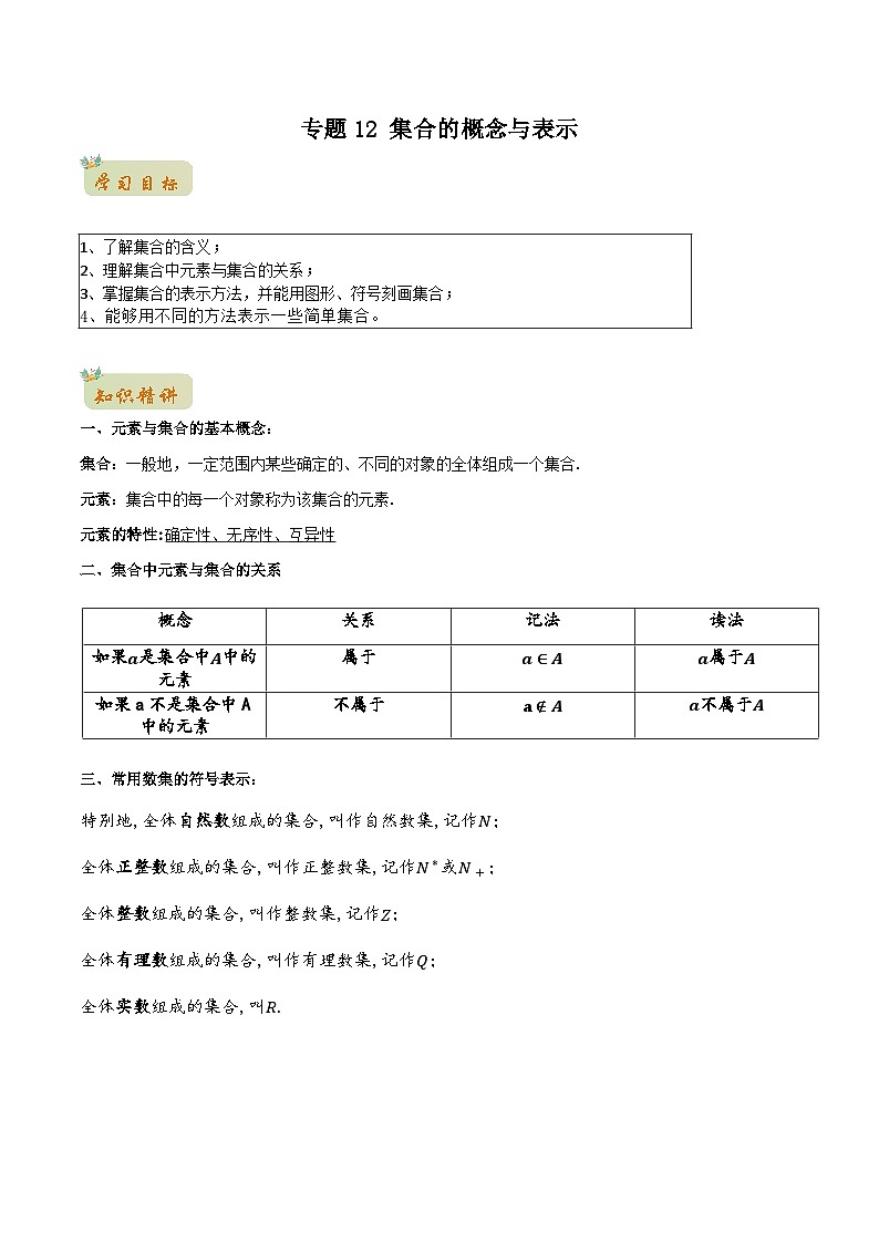 苏教版初升高一初数学预习专题12集合的概念与表示-初升高数学无忧衔接(学生版+解析)01