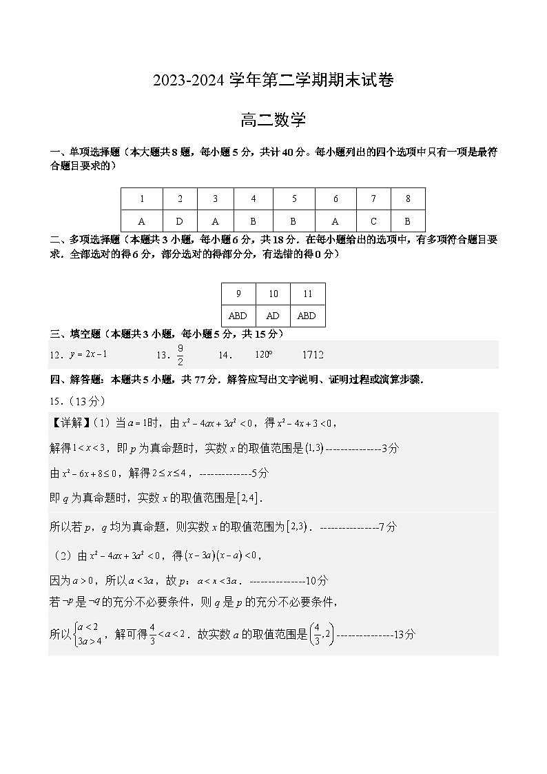 高二数学期末模拟卷（人教B版2019）-2023-2024学年高二下学期期末模拟考试01