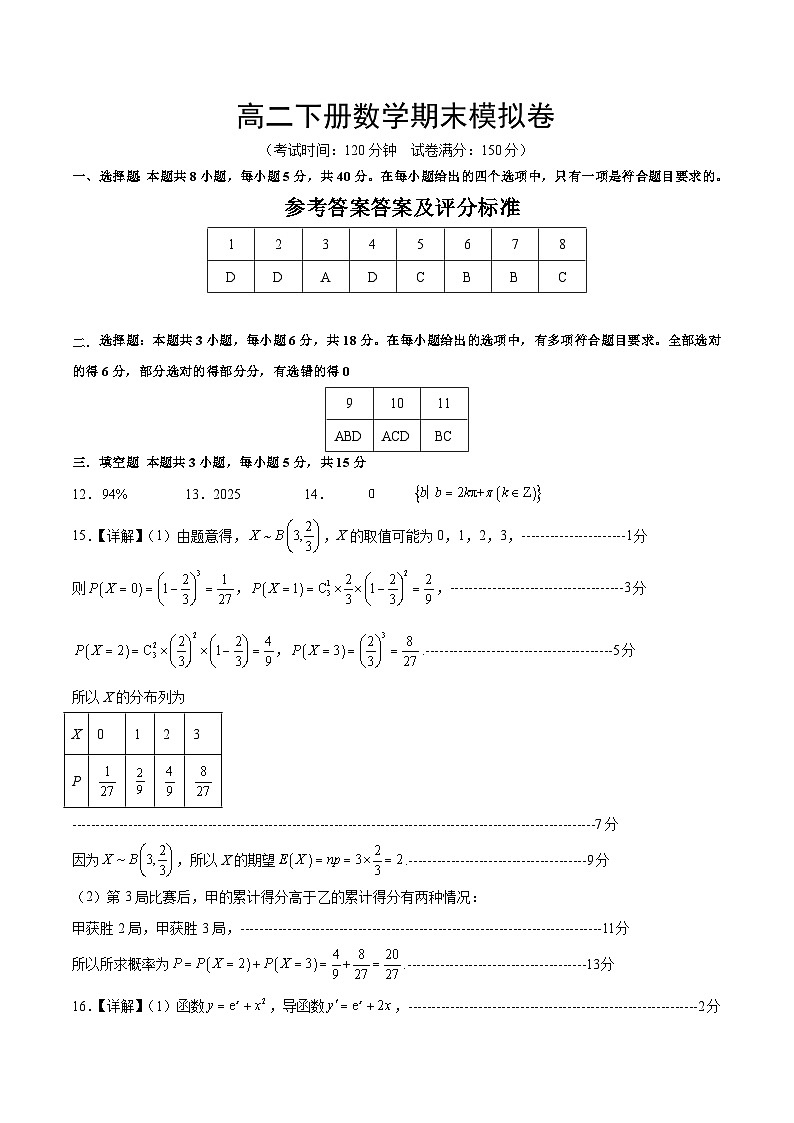高二数学期末模拟卷（参考答案）第1页
