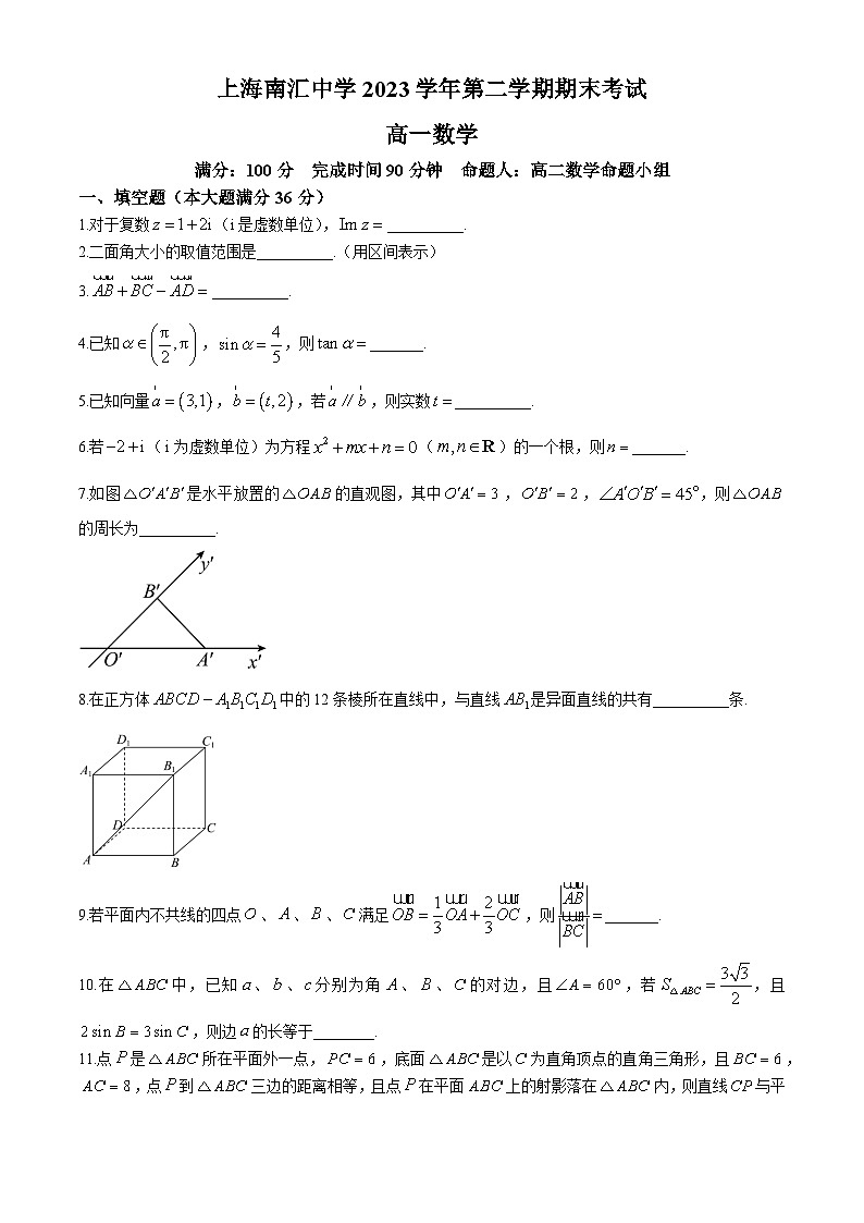 上海市南汇中学2023-2024学年高一下学期期末考试数学试卷(无答案)01