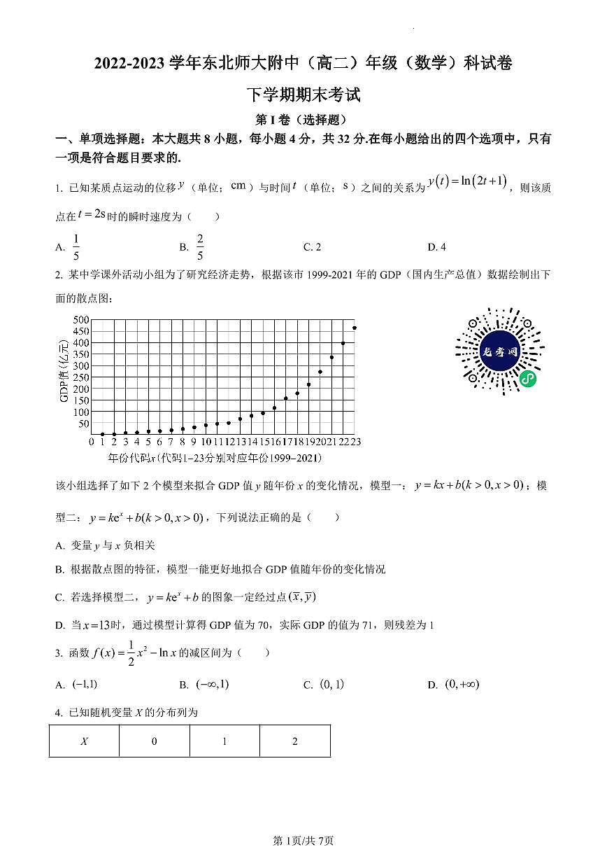 2022-2023 学年东北师大附中（高二）年级（数学）科试卷下学期期末考试数学试卷第1页