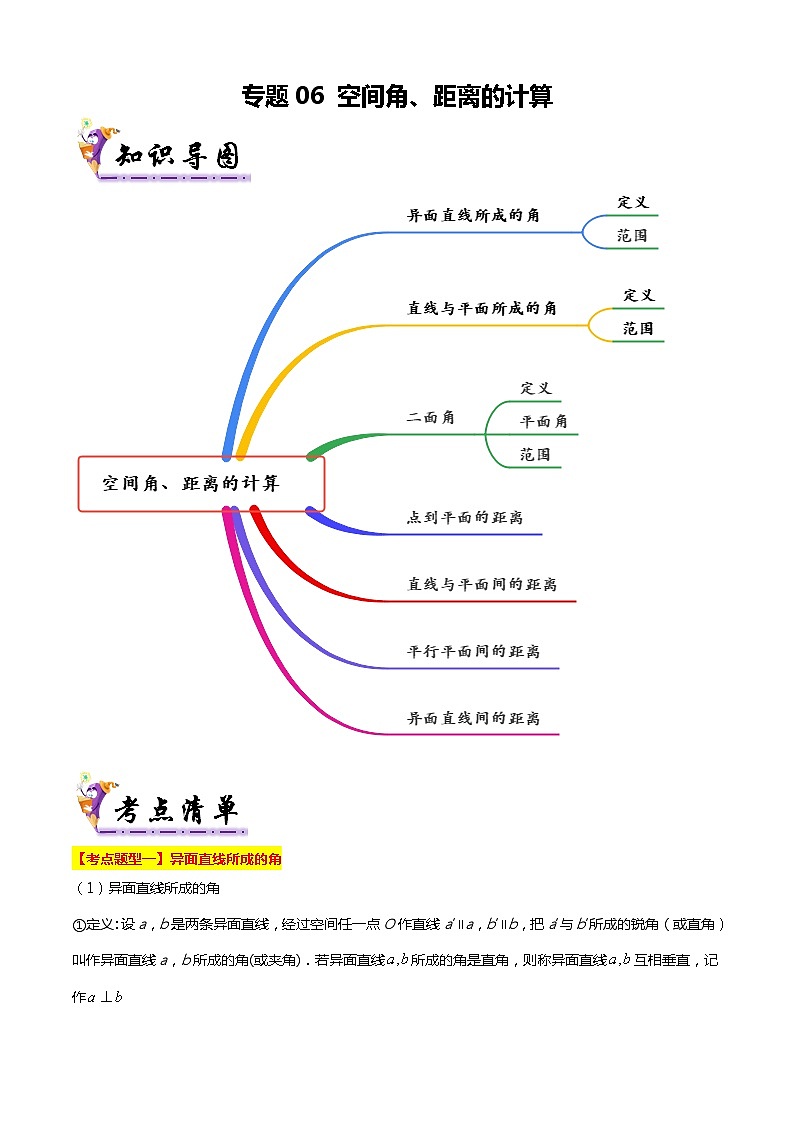专题06 空间角、距离的计算（考点清单，7题型解读）（解析版）第1页