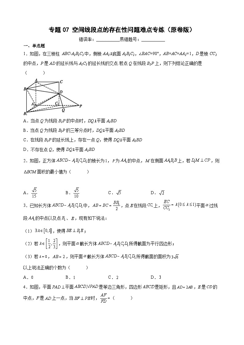 (沪教版2021选择性必修一)高二数学专题训练专题07空间线段点的存在性问题难点专练(原卷版+解析)01