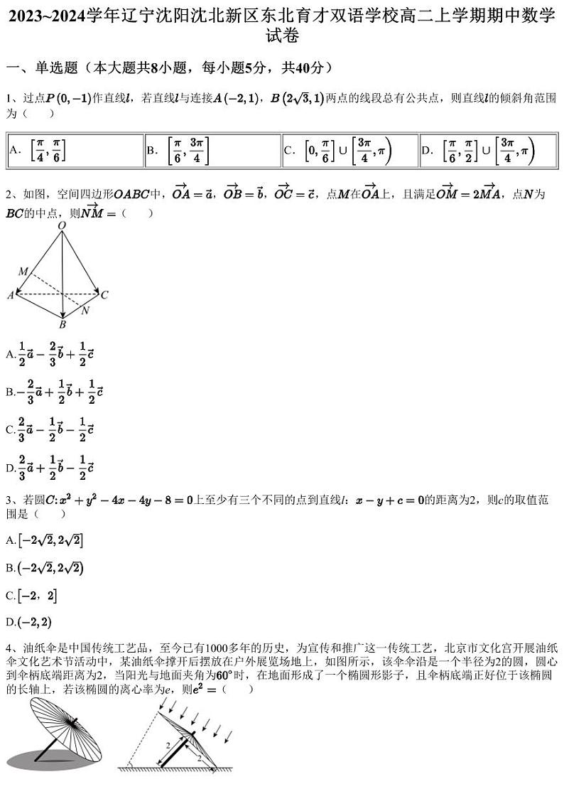 2023~2024学年辽宁沈阳沈北新区东北育才双语学校高二上学期期中数学试卷（含答案与解析）01
