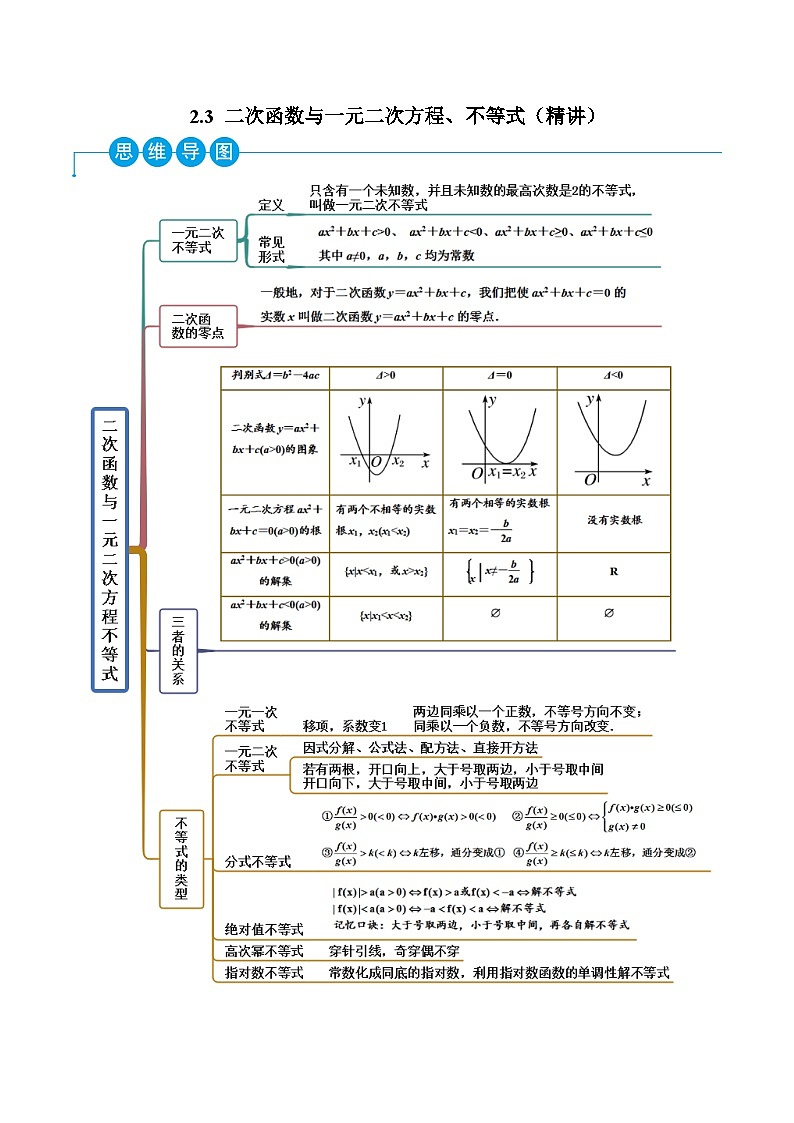 高一数学一隅三反系列(人教A版必修第一册)2.3二次函数与一元二次方程、不等式(精讲)(原卷版+解析)01