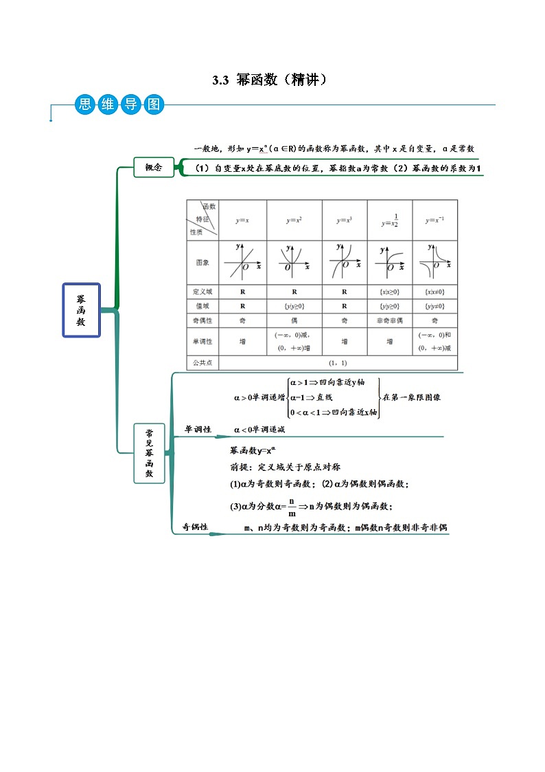 高一数学一隅三反系列(人教A版必修第一册)3.3幂函数(精讲)(原卷版+解析)01