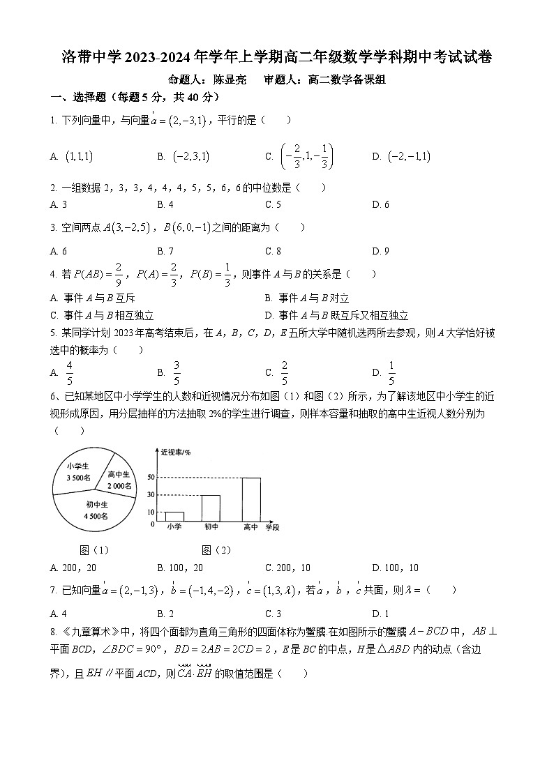 四川省成都市洛带中学校2023-2024学年高二上学期期中考试数学试题01