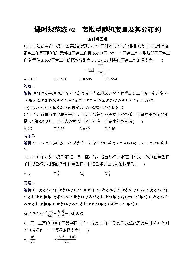 北师大版高考第一轮理科数学(适用于老高考旧教材)课时规范练62　离散型随机变量及其分布列第1页