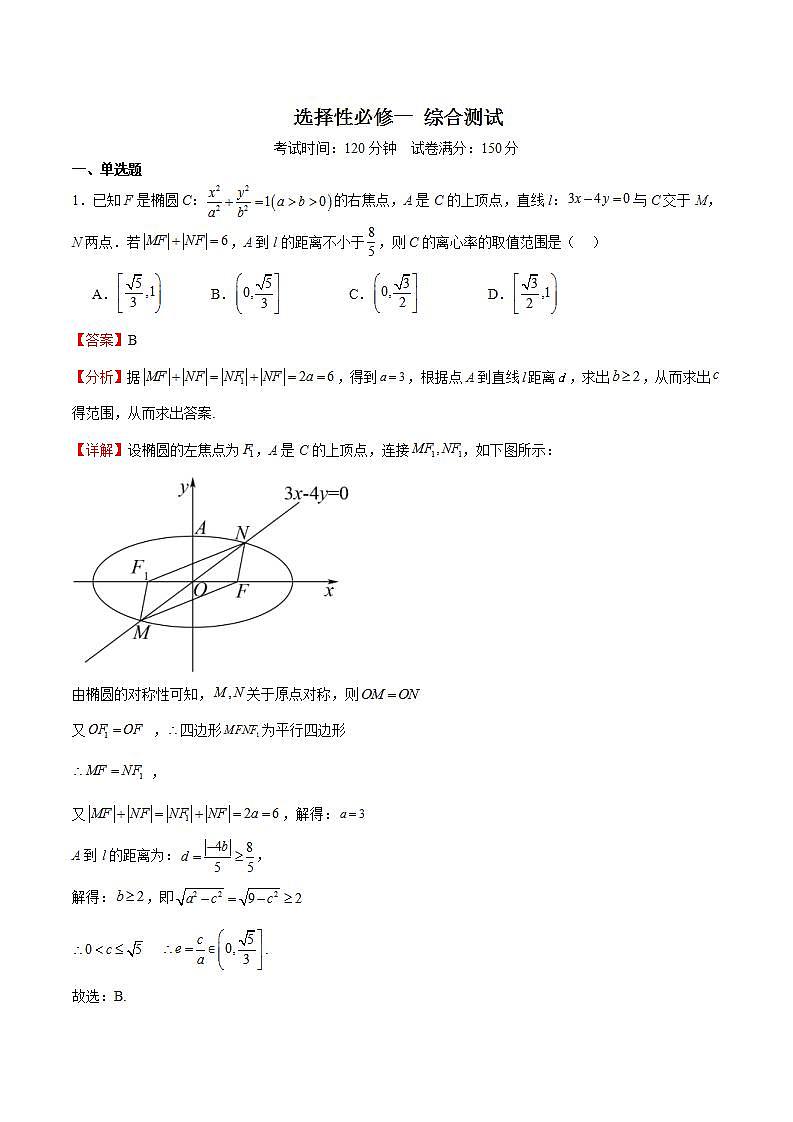 人教B版高中数学选择性必修第一册 全册综合测试01