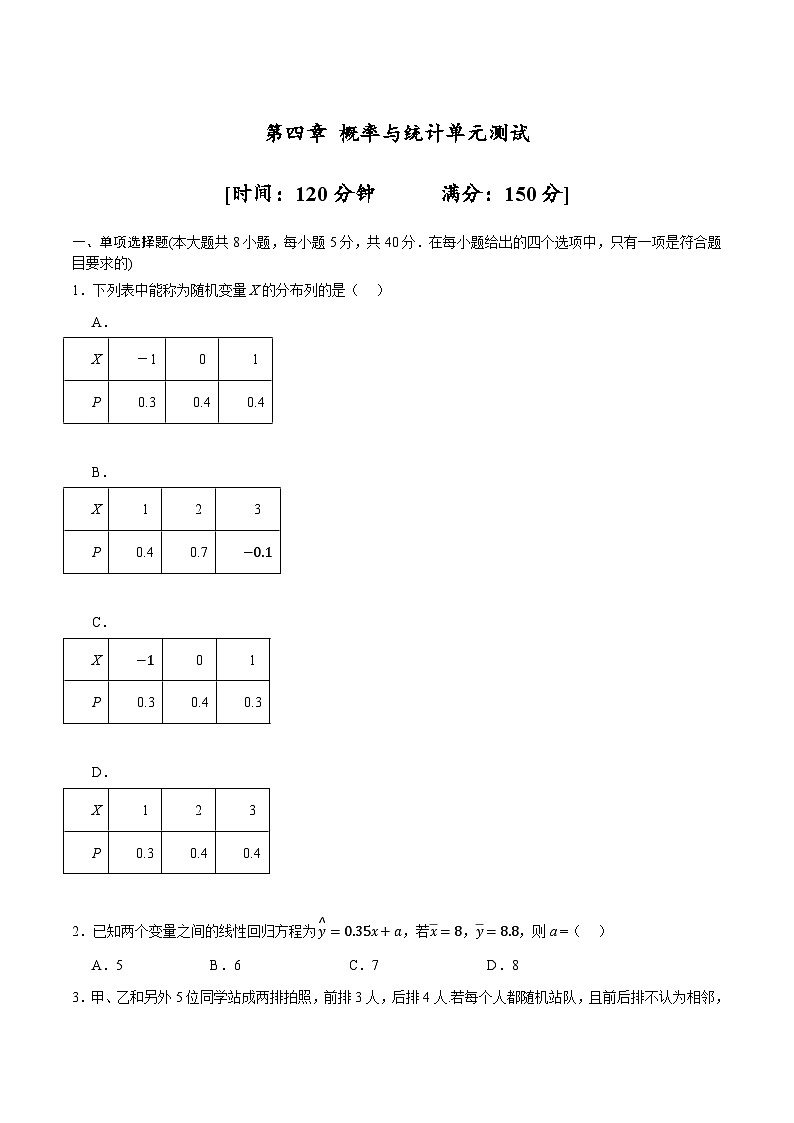人教B版高中数学选择性必修第二册第四章 《概率与统计单元测试》单元测试01