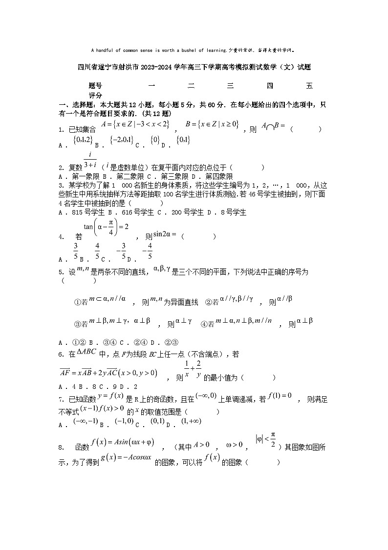 [数学]四川省遂宁市射洪市2023-2024学年高三下学期高考模拟测试(文)试题01