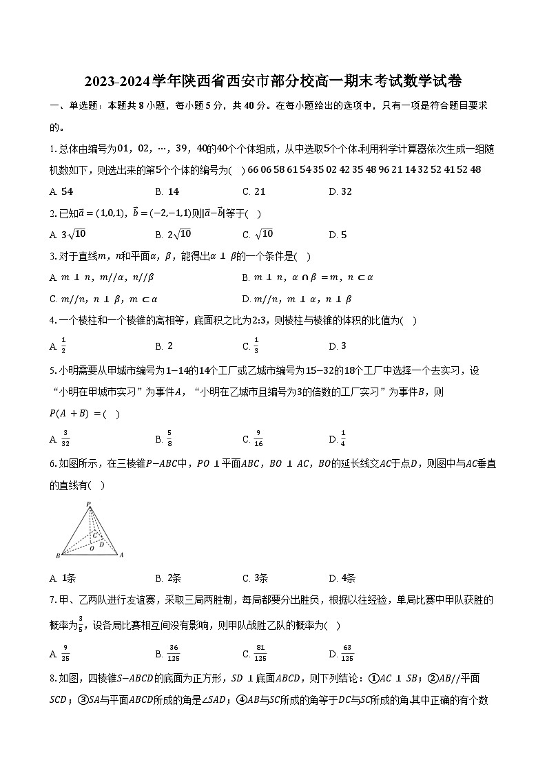 2023-2024学年陕西省西安市部分校高一期末考试数学试卷（含答案）01