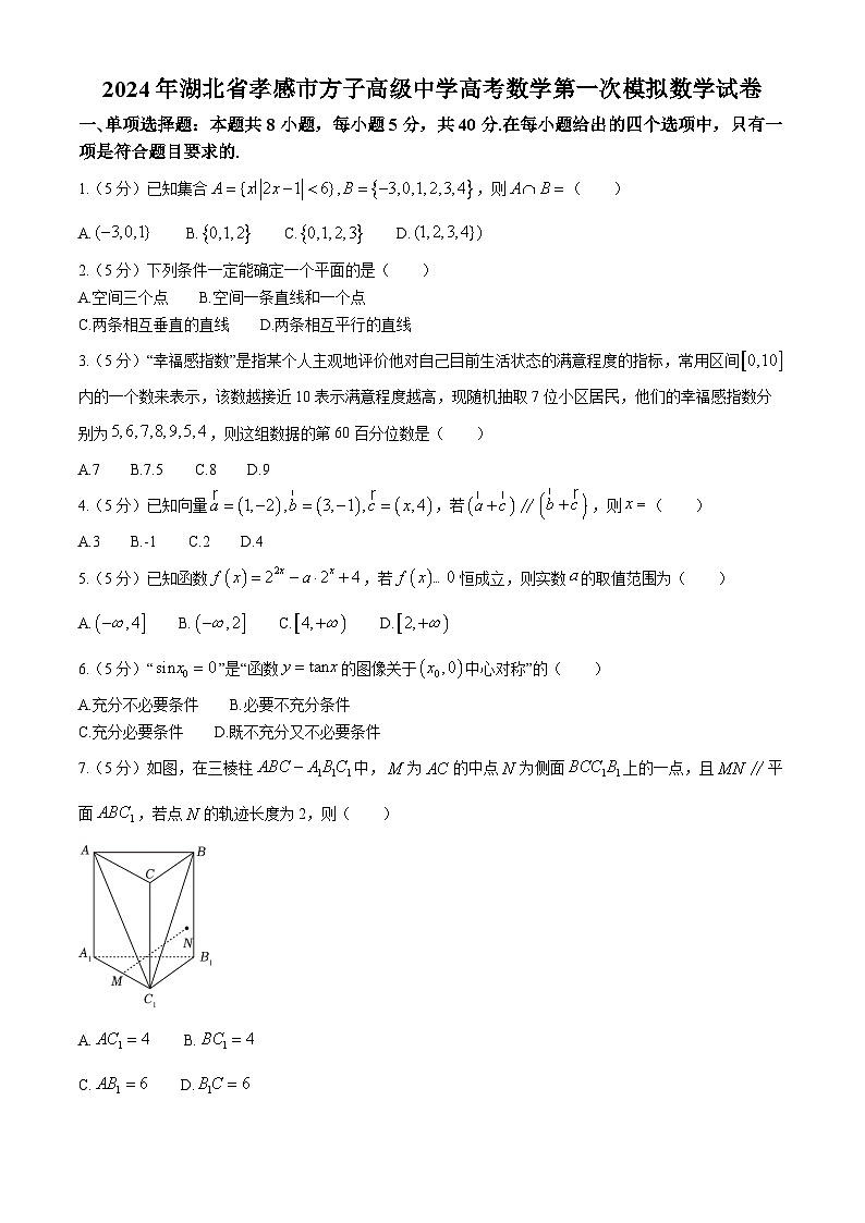 湖北省孝感市方子高级中学2024届高三第一次模拟数学试题第1页
