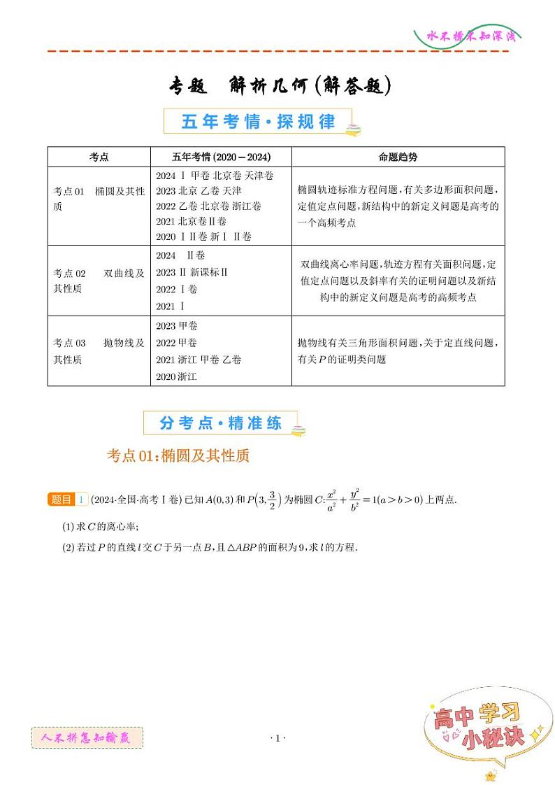 解析几何（解答题）--五年（2020-2024）高考数学真题分类汇编（学生版）第1页
