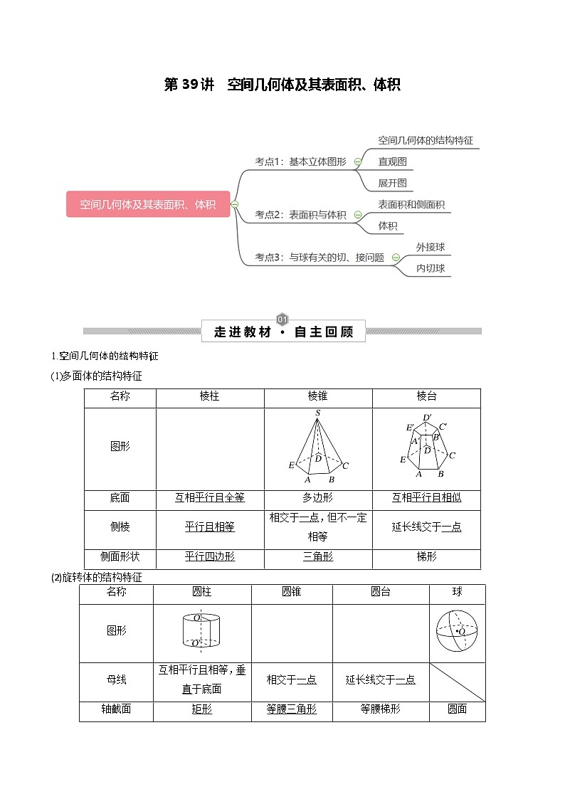 高考数学一轮复习考点探究与题型突破第39讲空间几何体及其表面积、体积(原卷版+解析)01