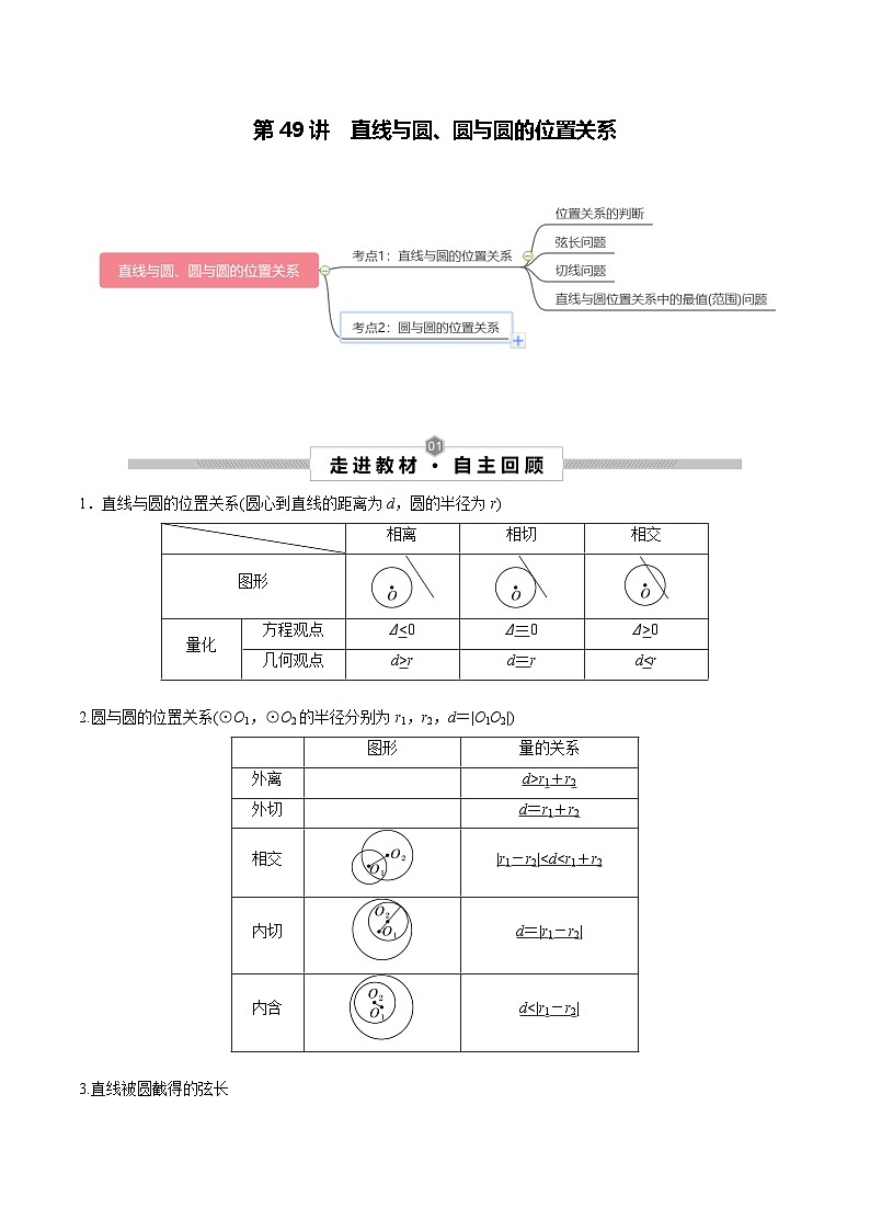 高考数学一轮复习考点探究与题型突破第49讲直线与圆、圆与圆的位置关系(原卷版+解析)01
