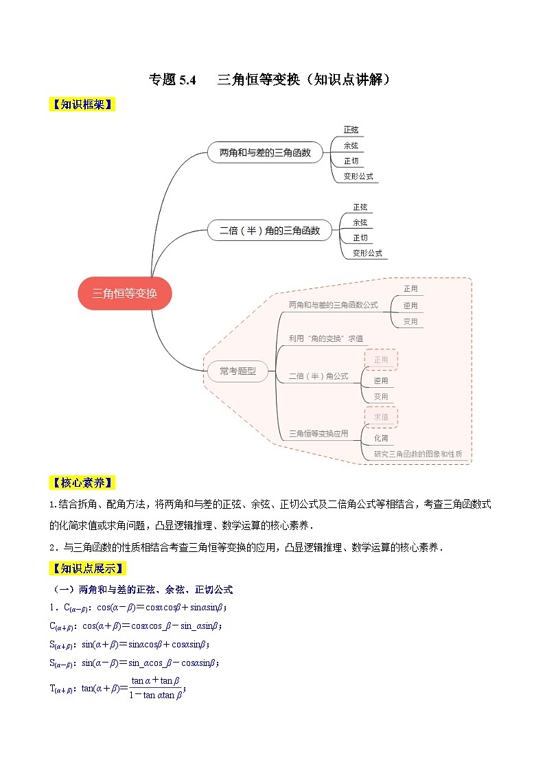 高考数学一轮复习知识点讲解+真题测试专题5.4三角恒等变换(知识点讲解)(原卷版+解析)第1页
