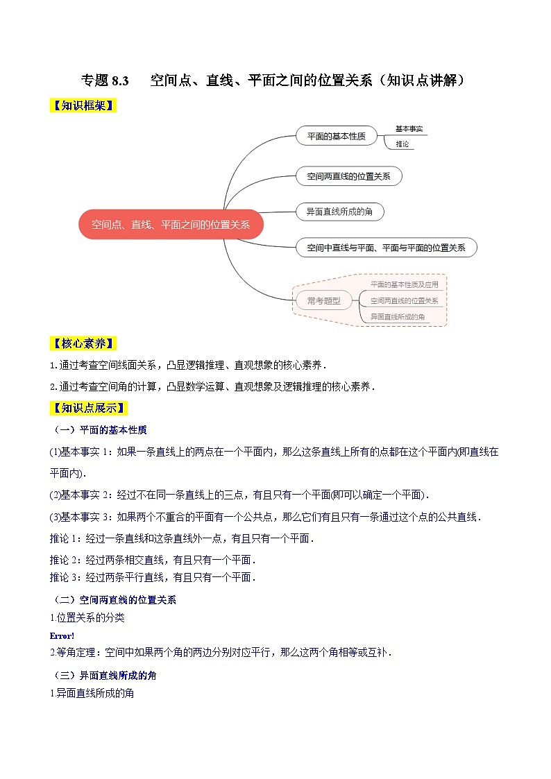 高考数学一轮复习知识点讲解+真题测试专题8.3空间点、直线、平面之间的位置关系(知识点讲解)(原卷版+解析)01