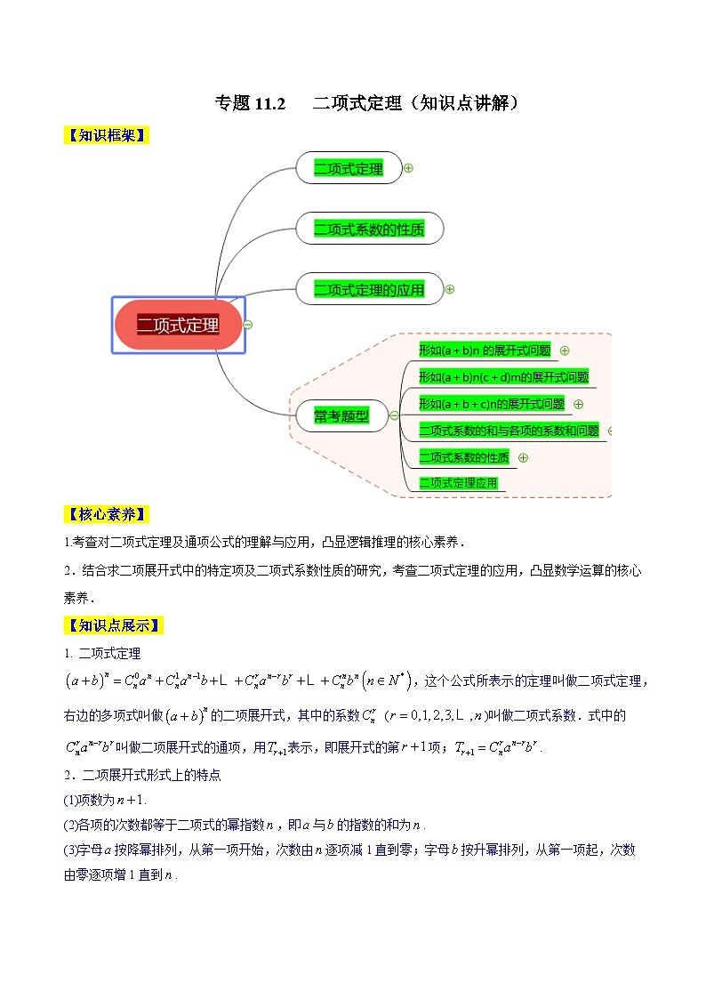 高考数学一轮复习知识点讲解+真题测试专题11.2二项式定理(知识点讲解)(原卷版+解析)01