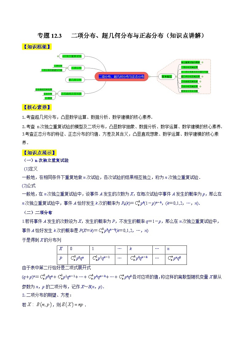 高考数学一轮复习知识点讲解+真题测试专题12.3二项分布、超几何分布与正态分布(知识点讲解)(原卷版+解析)第1页