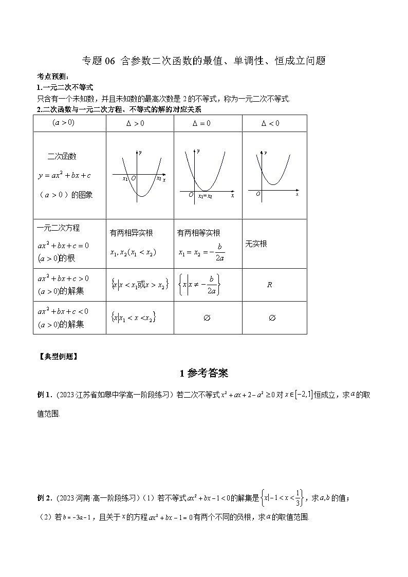 人教A版高一数学上学期期中期末必考题型归纳及过关测试专题06含参数二次函数的最值、单调性、恒成立问题(原卷版+解析)01