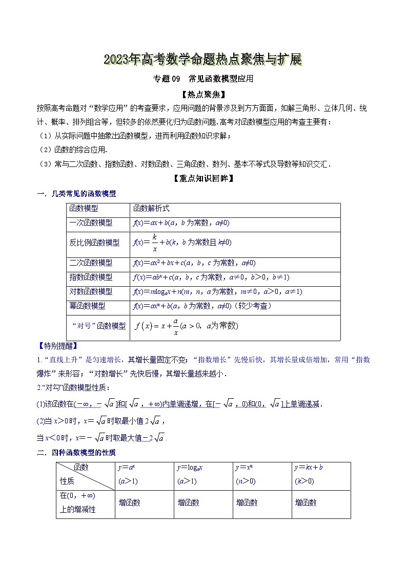 高考数学命题热点聚焦与扩展(通用版)专题09常见函数模型应用【原卷版+解析】第1页