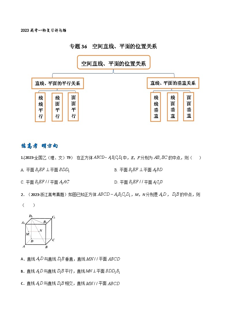 高考数学一轮复习题型讲解+专题训练(新高考专用)专题36空间直线、平面的平行、垂直关系(原卷版+解析)01