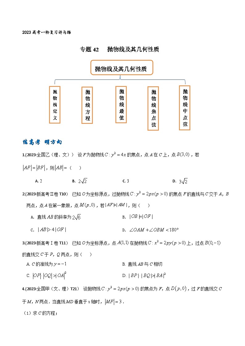 高考数学一轮复习题型讲解+专题训练(新高考专用)专题42抛物线及其几何性质(原卷版+解析)01