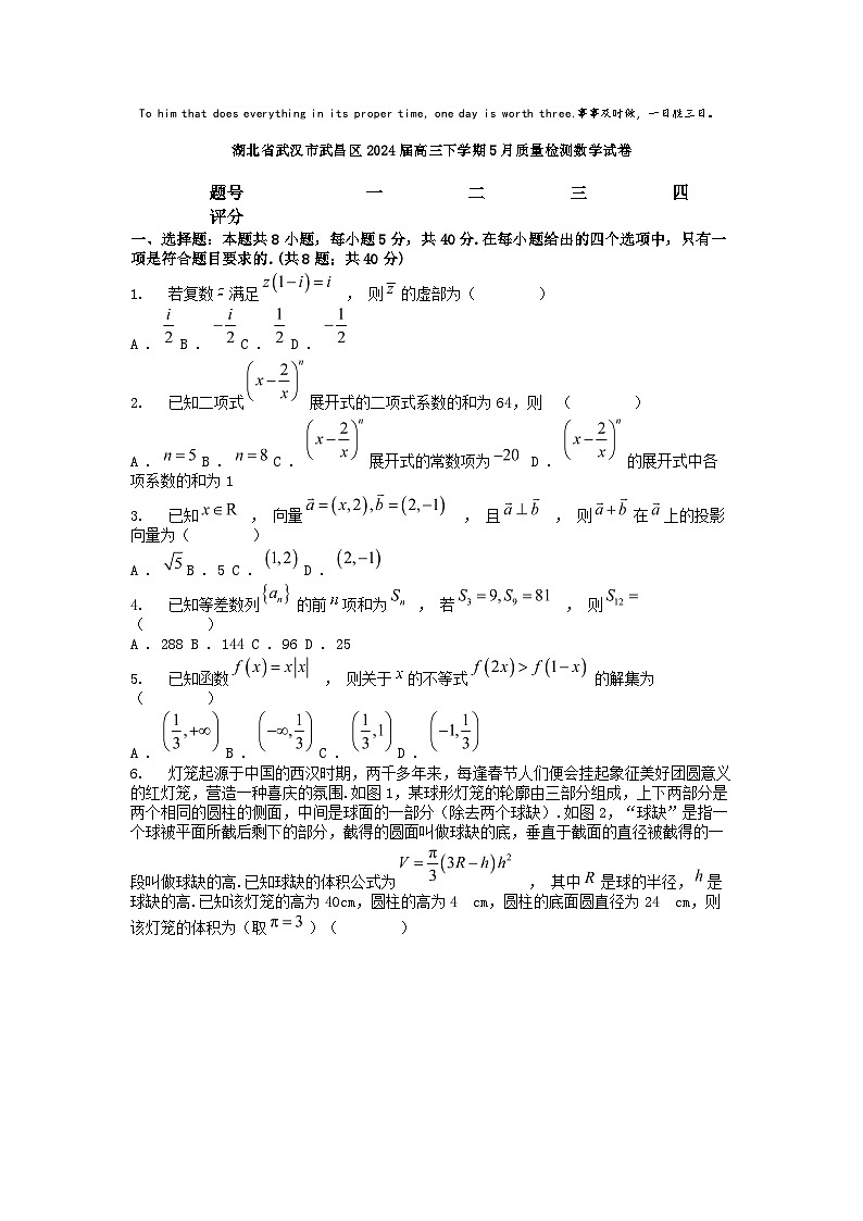 [数学]湖北省武汉市武昌区2024届高三下学期5月质量检测数学模拟试卷第1页