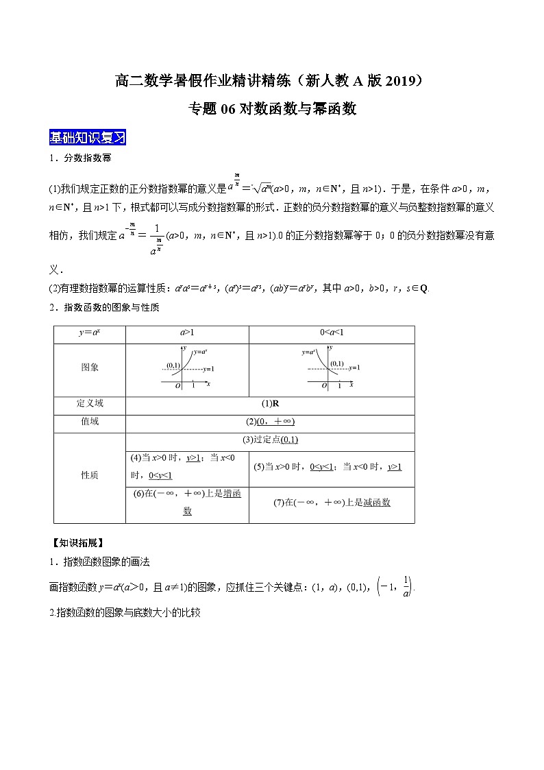 【暑假衔接】新高三（高二升高三）暑假自学专题06对数函数与幂函数（教师版+学生版）01