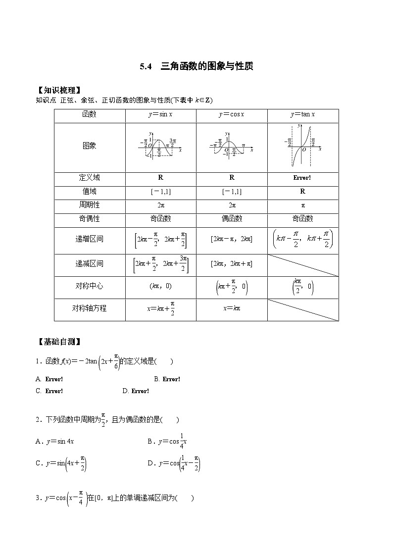 （人教版）初升高数学暑假衔接高一预习-5.4  三角函数的图像与性质（学生版+教师版）01