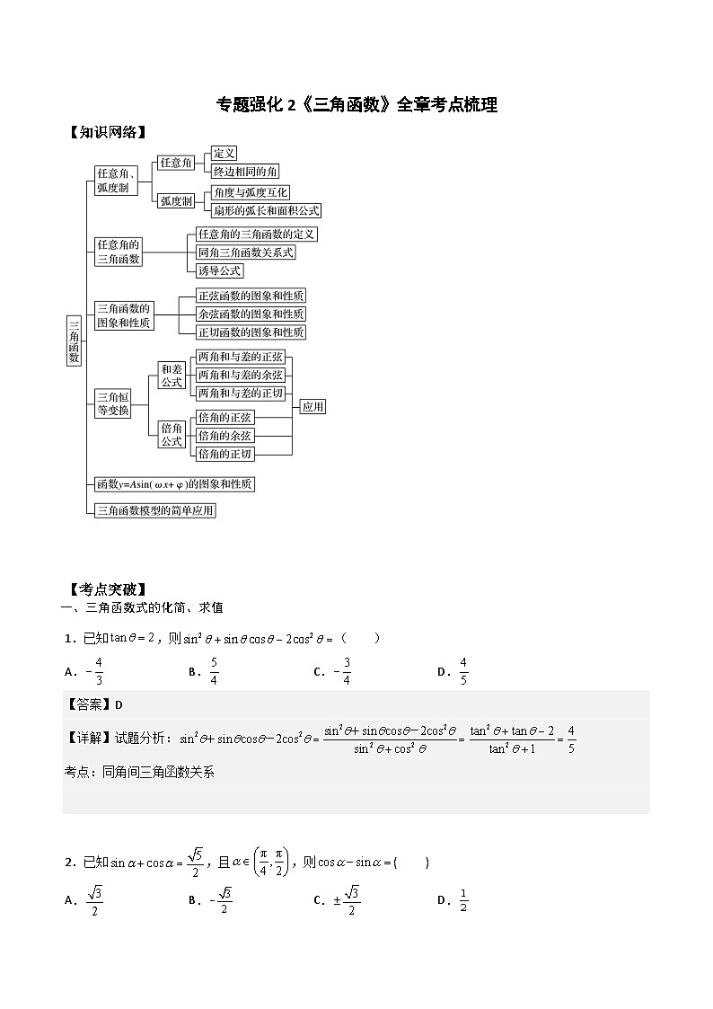 （人教版）初升高数学暑假衔接高一预习-专题强化2《三角函数》全章考点梳理（学生版+教师版）01