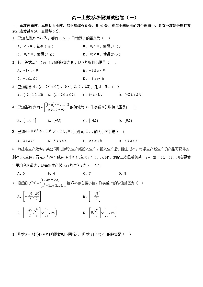 （人教版）新高一上数学暑假测试密卷（一）（原卷版+解析版）01
