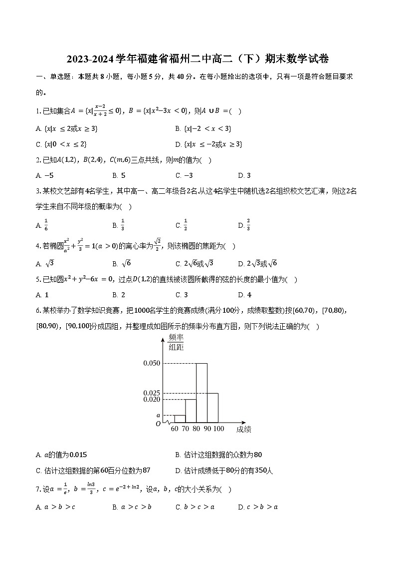 2023-2024学年福建省福州二中高二（下）期末数学试卷（含答案）第1页