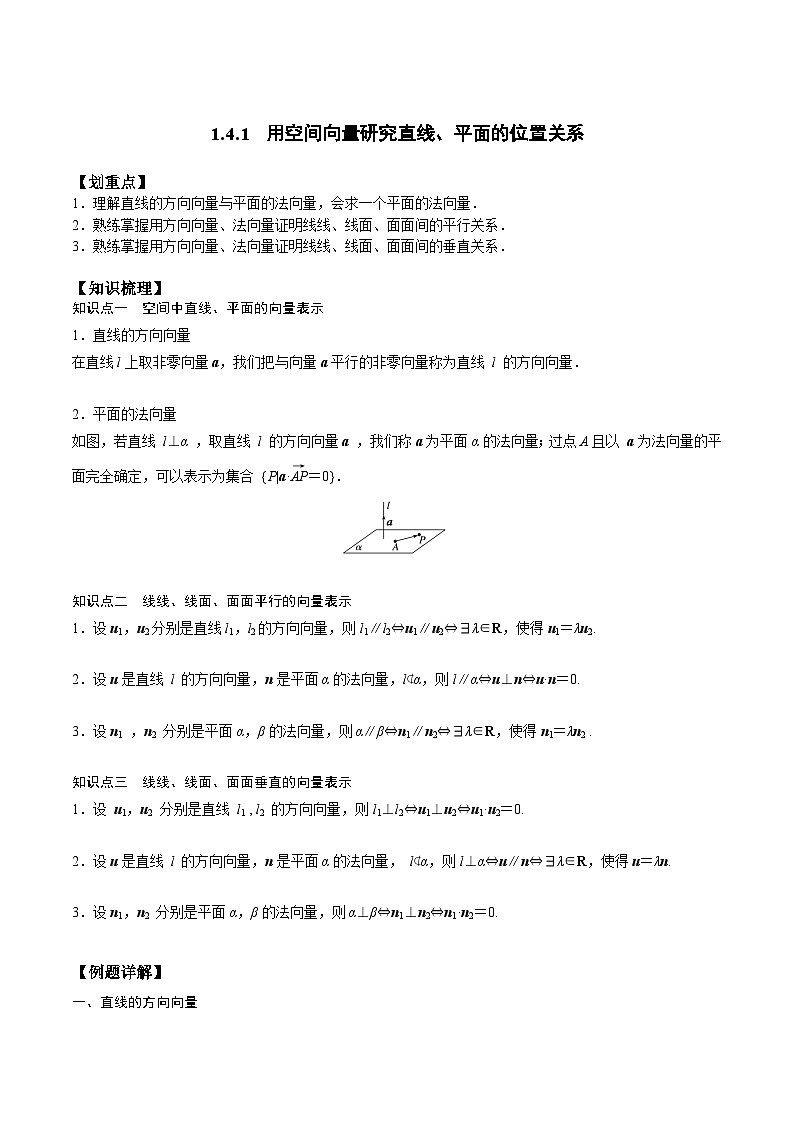【暑假衔接】人教A版新高二数学 新课预习-1.4.1 用空间向量研究直线、平面的位置关系（教师版+学生版）01