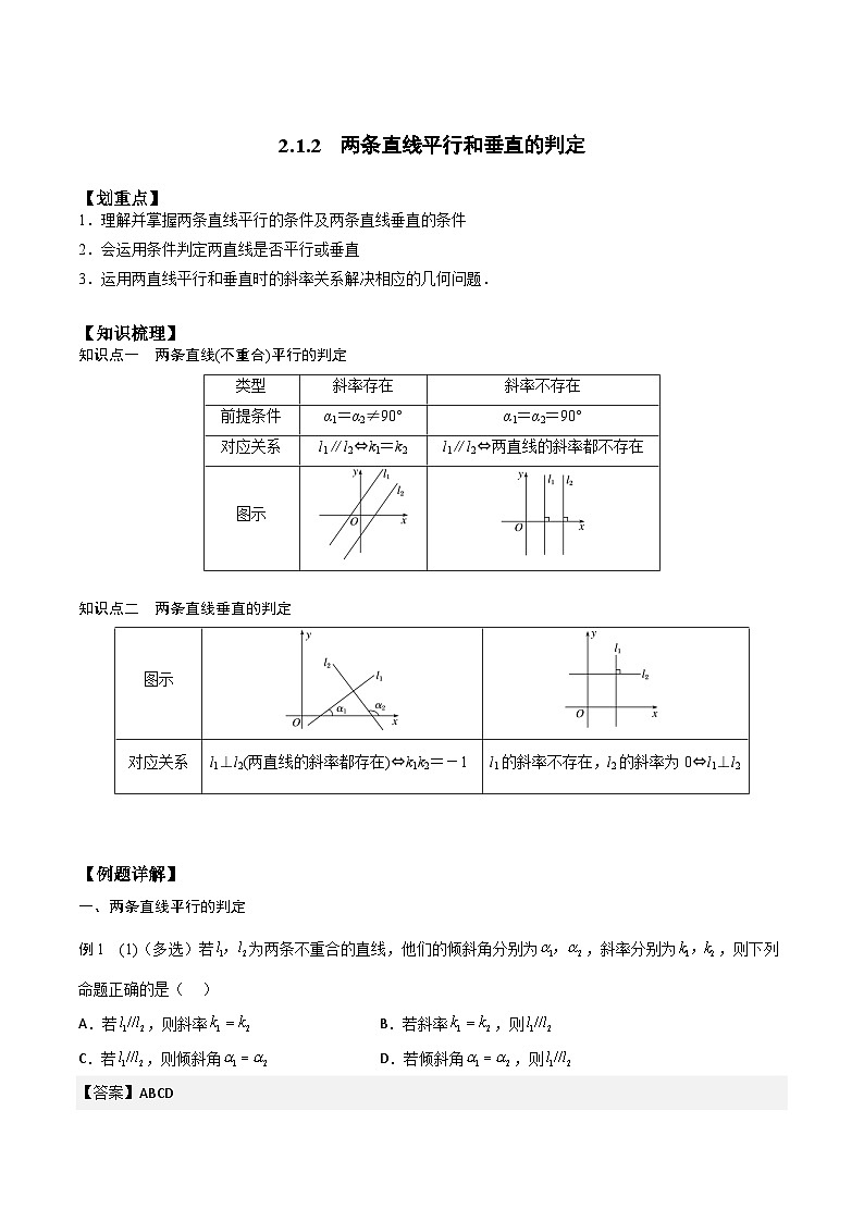 【暑假衔接】人教A版新高二数学 新课预习-2.1.2  两条直线平行和垂直的判定（教师版+学生版）01