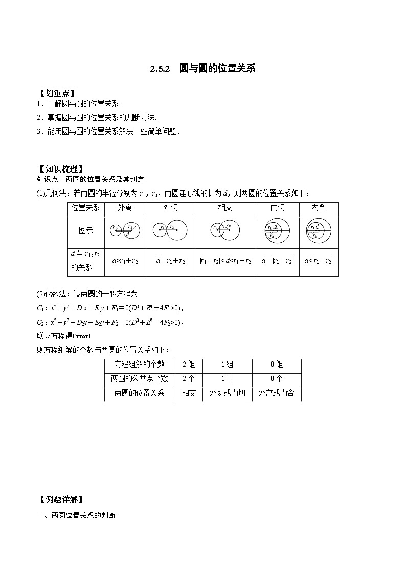【暑假衔接】人教A版新高二数学 新课预习-2.5.2 圆与圆的位置关系（教师版+学生版）01